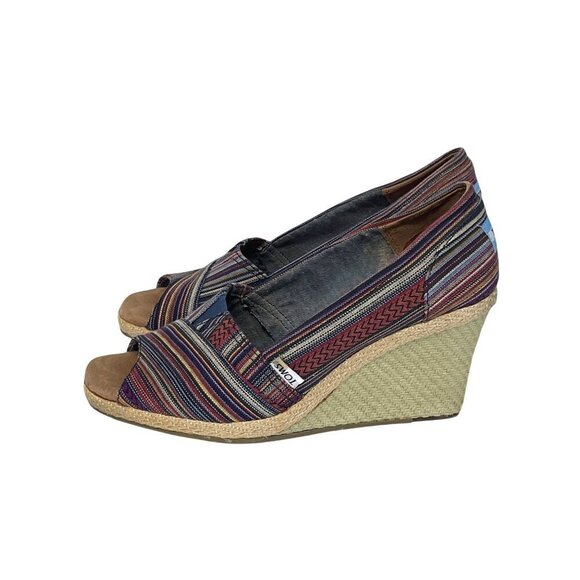 Toms Espadrille Wedge Heel Open Toe Sandals Size 9.5 Striped - Picture 3 of 8